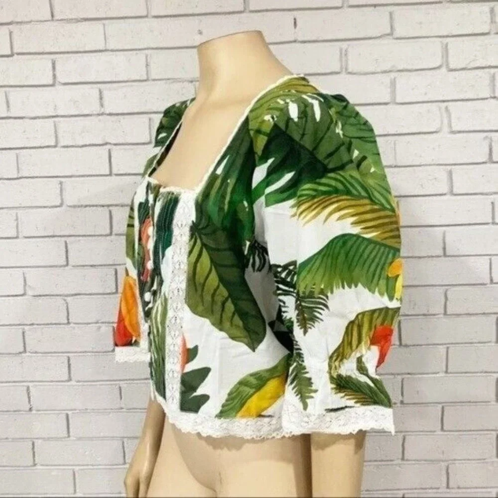 Farm Rio Green White Lace Trim Puff Sleeve Square Neck Button Front Top NWT M